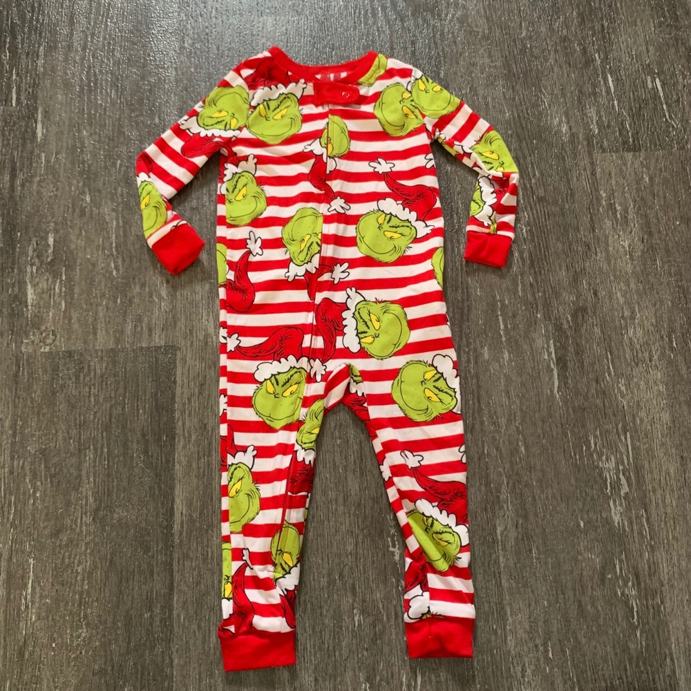 Kids Grinch Christmas Pajamas Size 18M Red Stripe Long Sleeve One Piece Onesie
